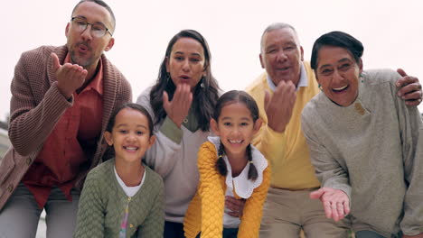 children, family and blow kiss for video call