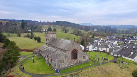 drone, aerial footage of the historic village of hawkshead a ancient town in the lake district, cumbria