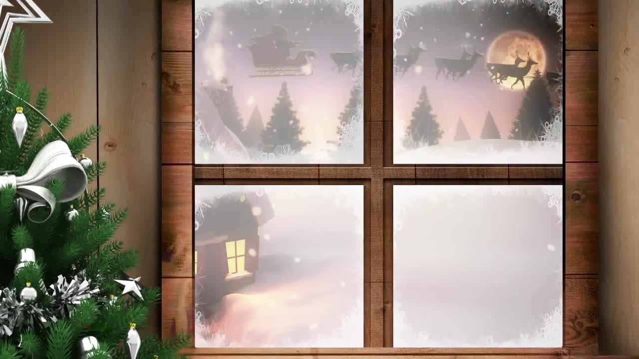 Animation af vinter julescene med hus og julemandens slæde set gennem vindue