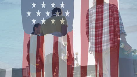 walking with skateboards, children holding boards with american flag design