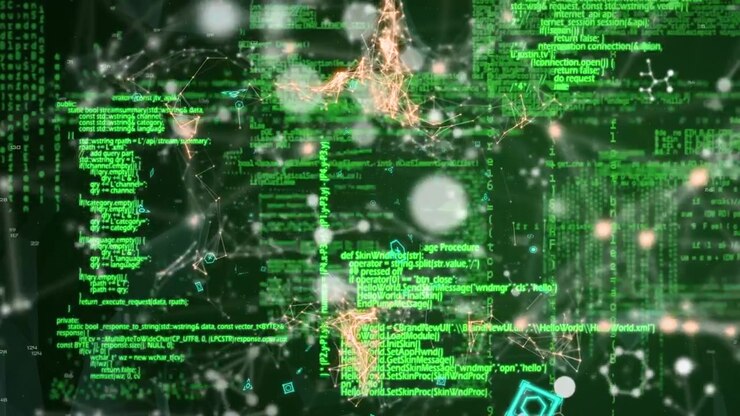 Animation of molecules over data processing on black and green background