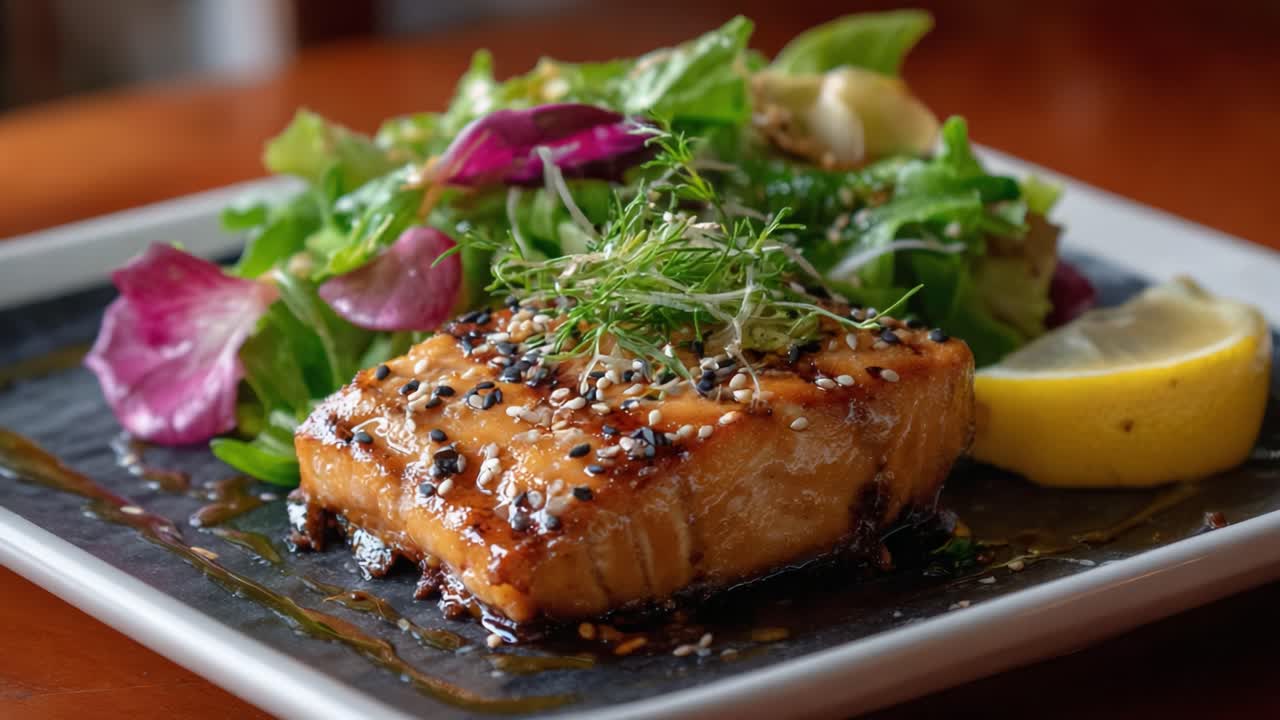 Deliciously Grilled Salmon Fillet Garnished with Fresh Greens and a Squeeze of Lemon, Perfectly Plated for a Gourmet Dining Experience