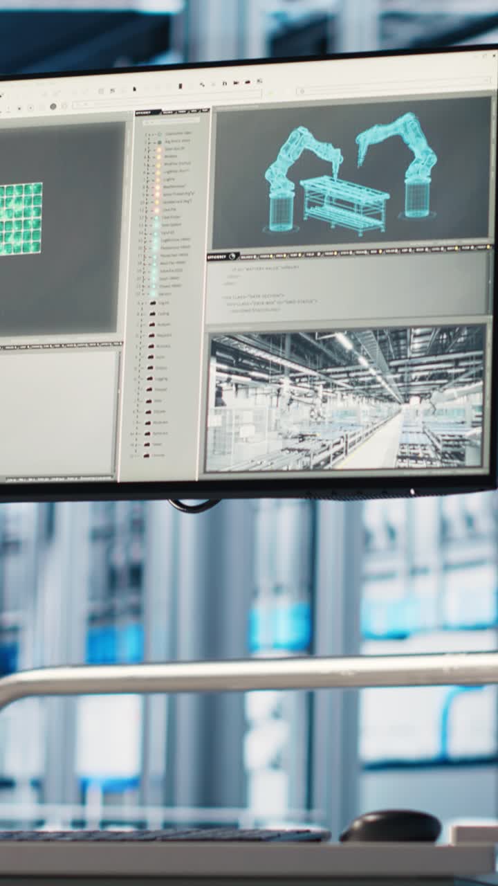 Vertical video Monitor in industry 4.0 industrial plant used to oversee operations