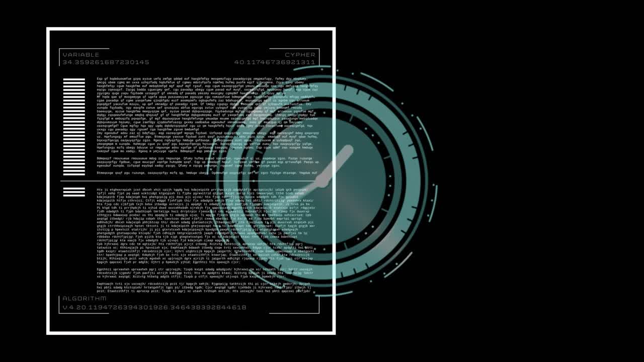 HUD with teal radial clock appearing in black void, text updating, bar filling, showing countdown