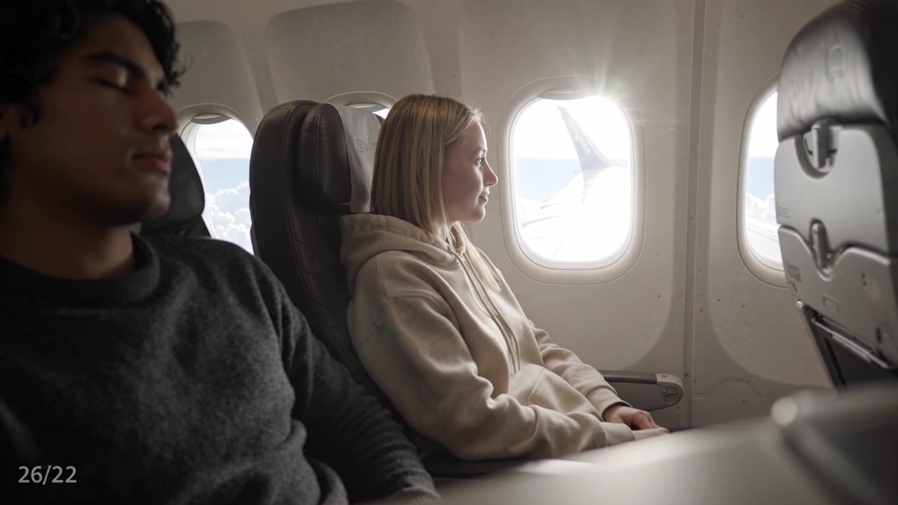 Un viaggio sereno sopra le nuvole: due passeggeri si rilassano insieme su un sedile vicino al finestrino di un aereo, godendosi la vista fuori dalla cabina.