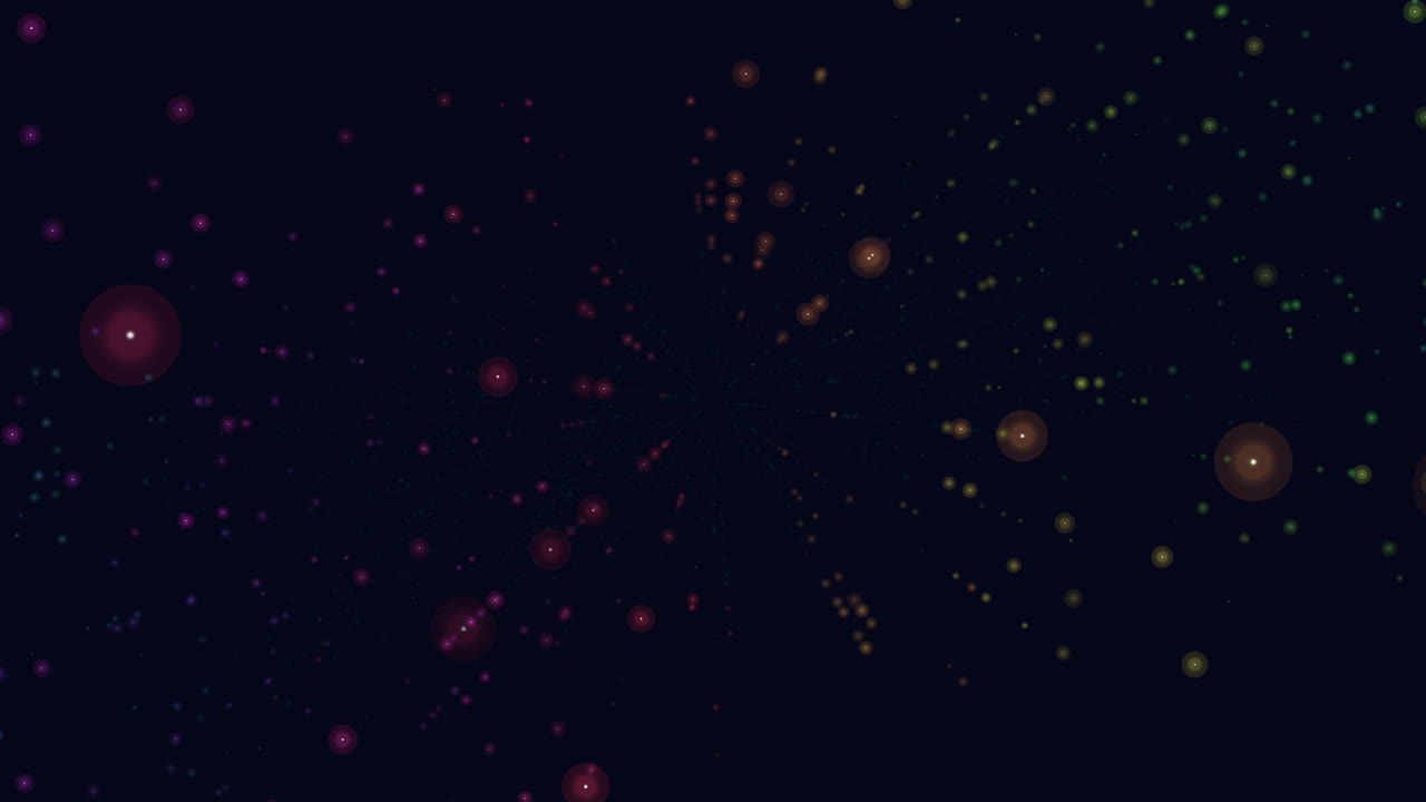 Dynamic swirl colorful dots dance on a dark canvas