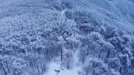 Aerial-winter-symphony:-snowplow-carving-the-path-to-a-cozy-mountain-hut