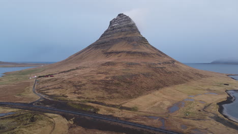 aerial shot of kirkjufell and surrounding, iceland