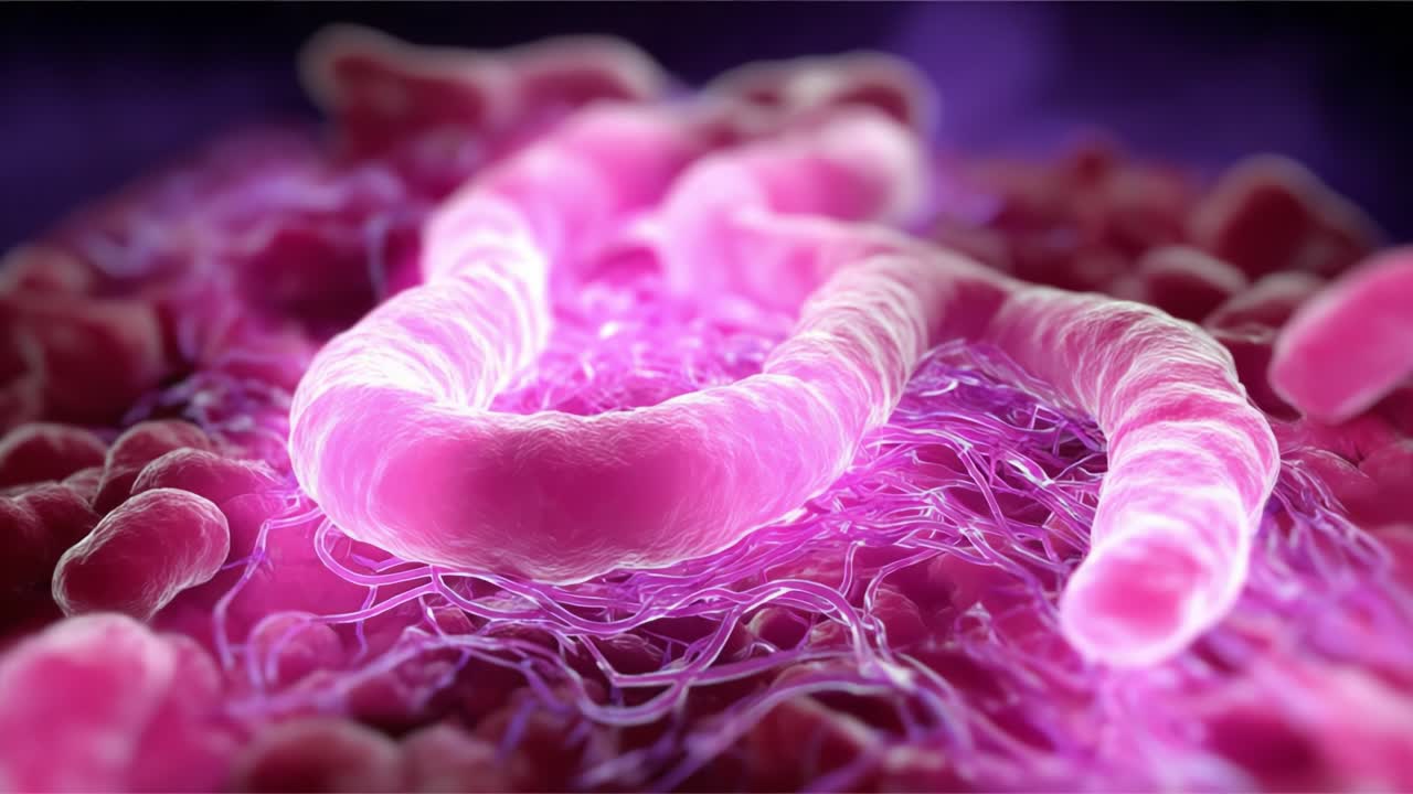 Microscopic View of Bacterial Structures: An In-Depth Examination of a Spirochete and Its Surrounding Environment Highlighting Vibrant Microbial Interactions