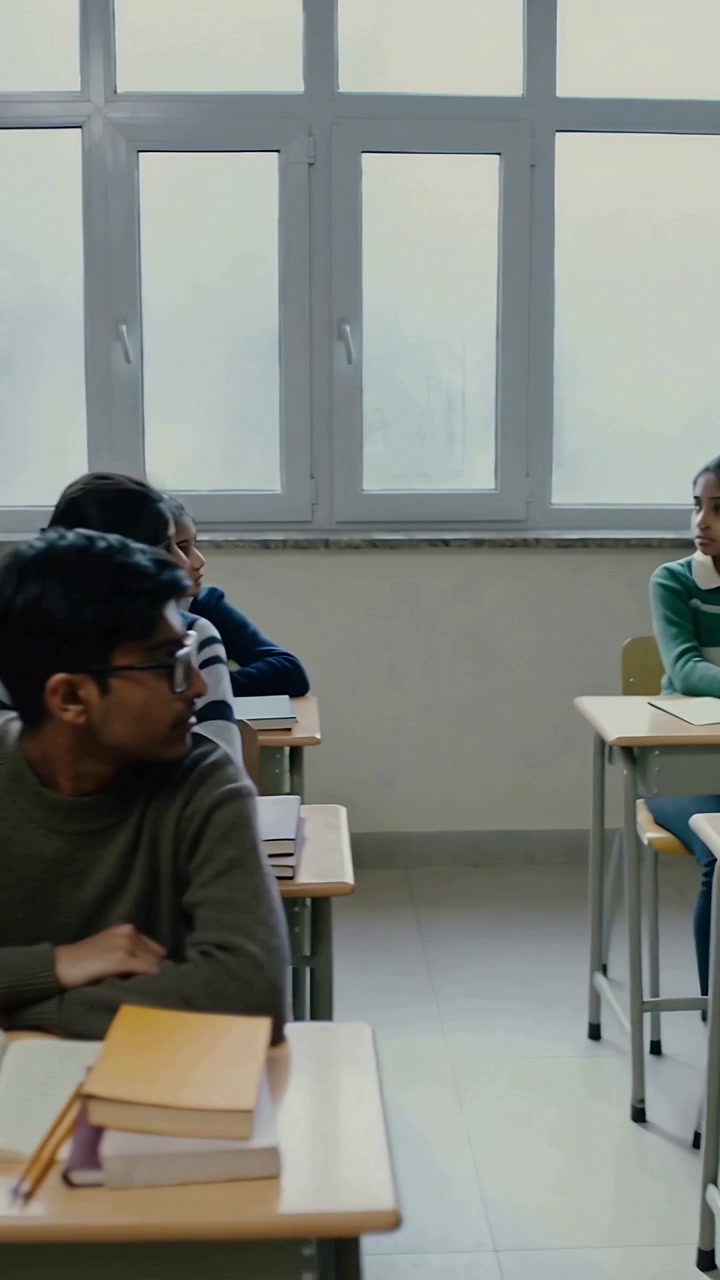 Vertical video: Turning pupils looking right in class by adult entering, with notebooks, copy space