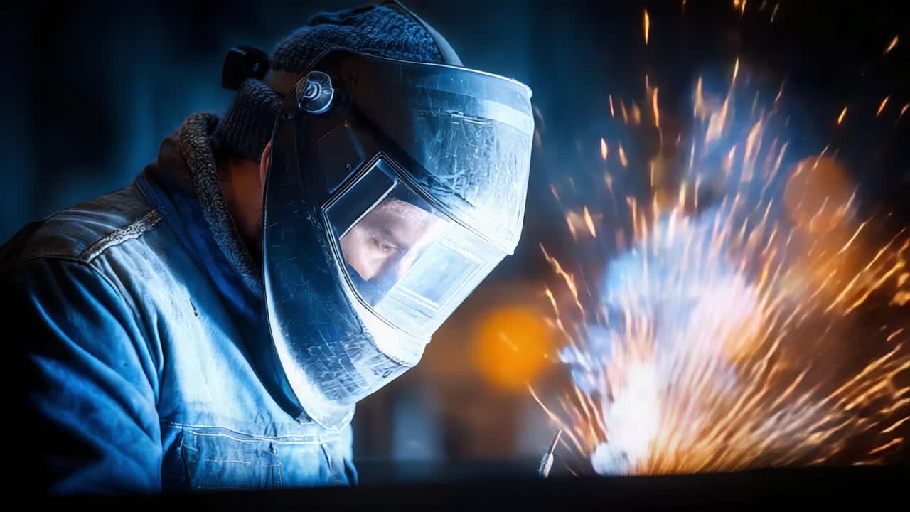 A focused welder in action, showcasing the intricate process of welding as sparks fly, highlighting the skill and dedication involved in the craft and the captivating beauty of metalwork