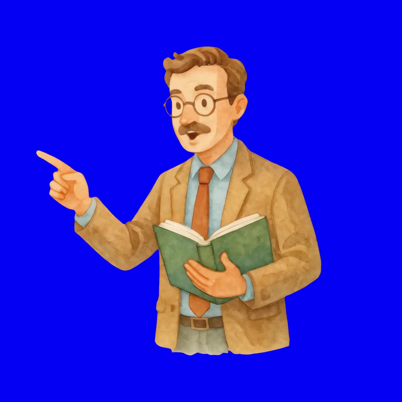 Illustration teacher reading book animation, transparent 4K video, green screen