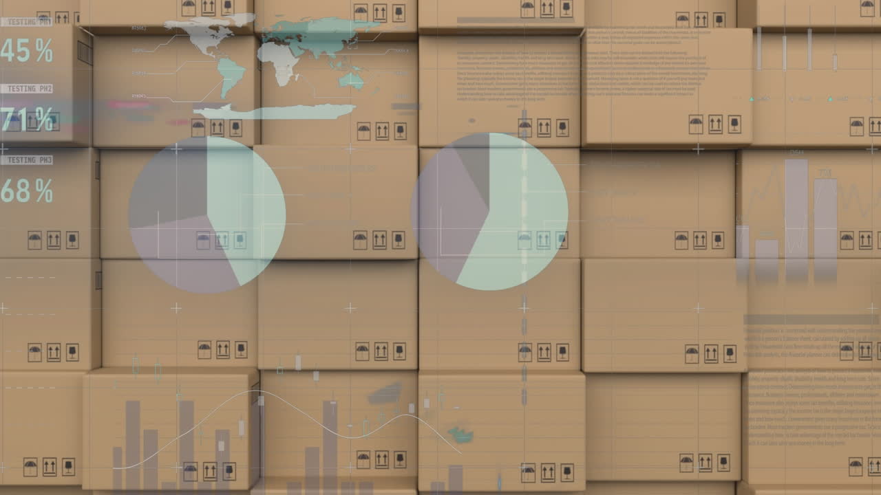 procesamiento de datos estadísticos contra la pila de cajas de entrega en el almacén