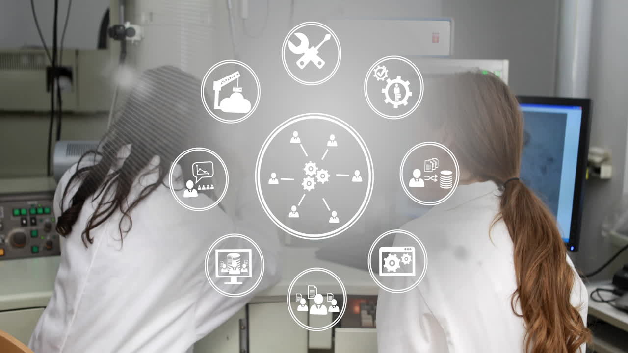 Animation of network icons overlaying scientists working in laboratory setting