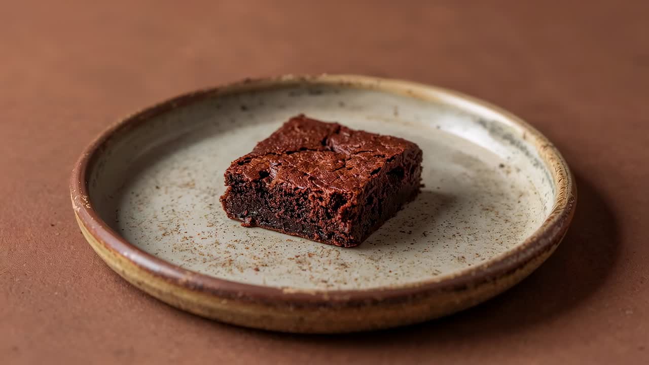 Bevegelig kamera viser nære detaljer av sjokoladebrownie som forblir sentrert på bordplate, tallerken