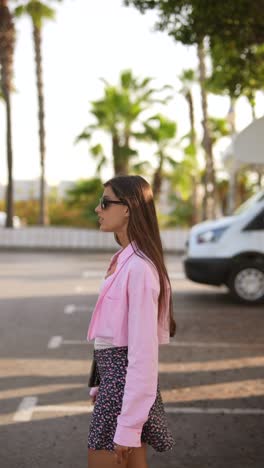 young woman in pink cropped shirt and floral skirt