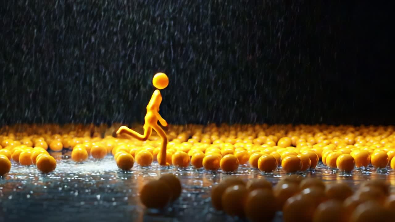 A Dynamic Figure in Motion Amidst a Sea of Yellow Orbs Under a Rainy Background, Capturing a Playful and Energetic Scene of Joyous Movement and Vibrant Colors