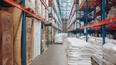 warehouse storage with shelves of boxes and bags