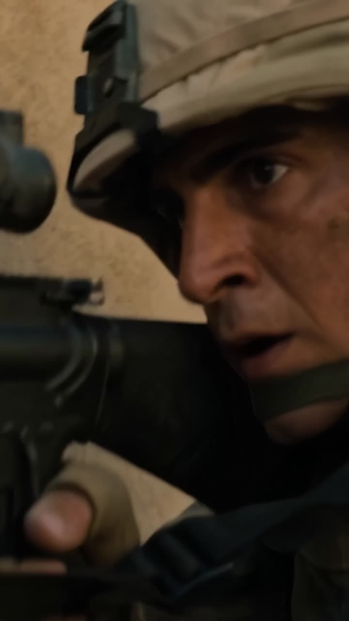 Intense Combat Scene: A Soldier Aiming in a War Zone, Capturing the Tension and Focus of the Moment in a Gritty Urban Environment
