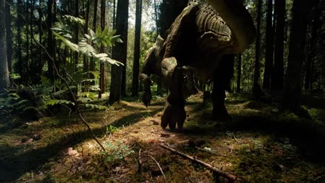 prehistoric t rex dinosaurs walking through the woods