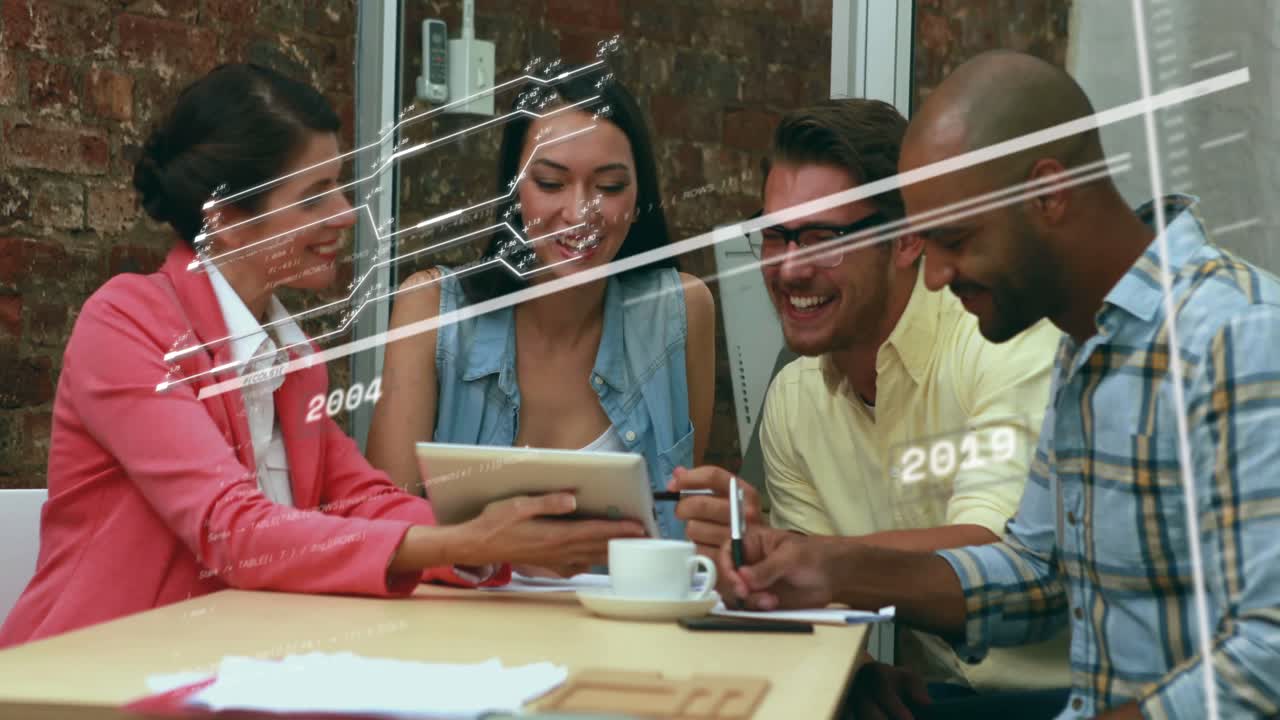 Mature woman tapping tablet and guiding colleagues while animated timeline cycling business data