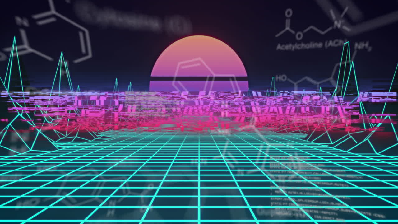 그리드 그래프와 통계 및 디지털 지형 위의 레트로웨이브 텍스트의 애니메이션