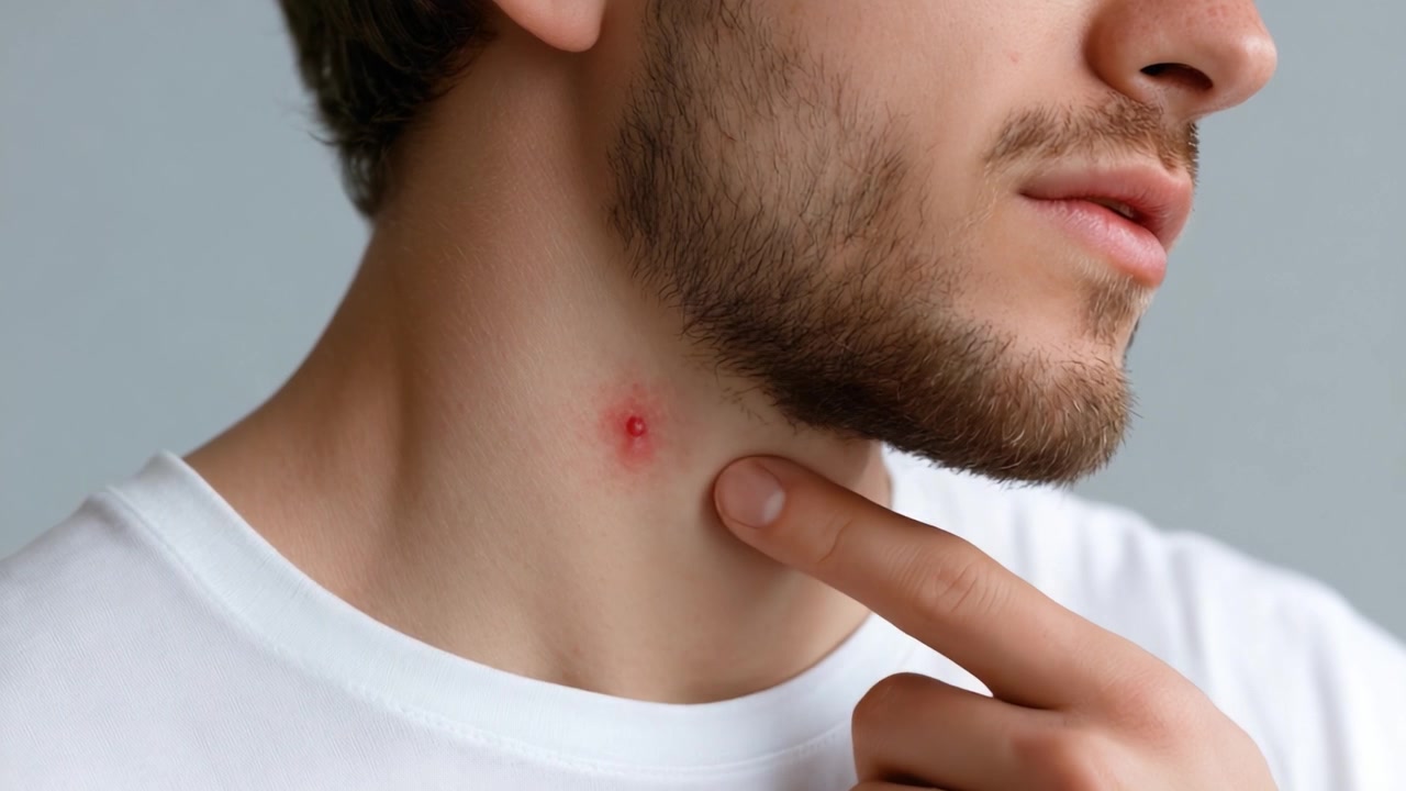 Primo piano di un uomo che esamina una macchia rossa sul collo: Comprendere i problemi della pelle e le loro cause nella vita quotidiana.