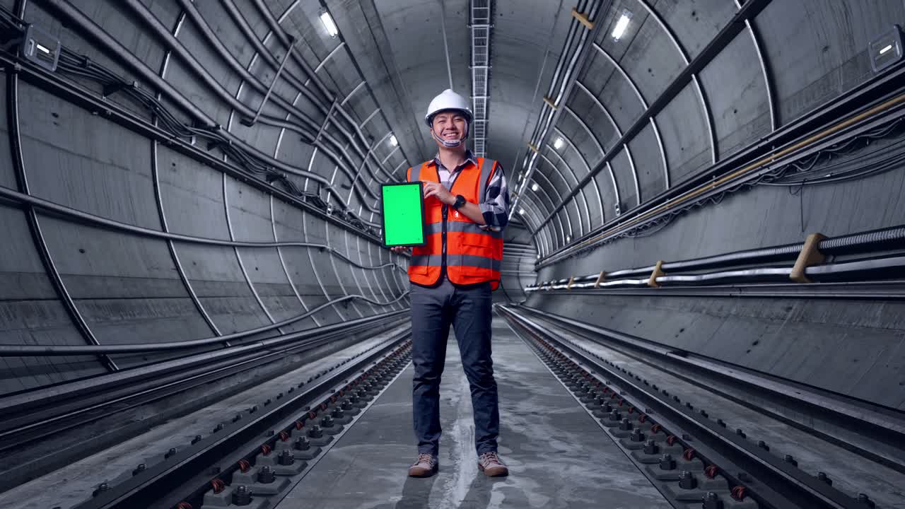 Full Body Of Asian Male Engineer With Safety Helmet Smiling And Showing Green Screen Tablet To The Camera While Standing In Underground Subway Tunnel