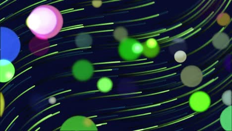 Animation-of-colourful-light-spots-and-glowing-green-streaks-moving-on-black-background