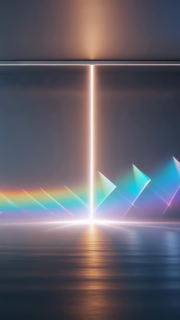 Vertical video: Emerging vertical light column in stage, sliding prisms refracting rainbow on floor