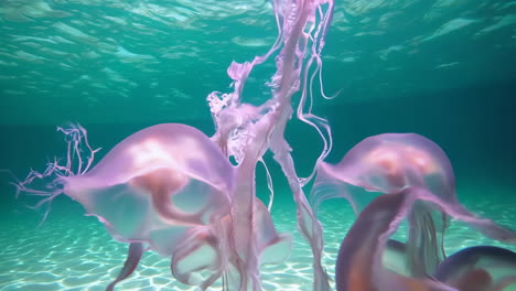 ethereal pink jellyfish drifting in clear blue-green water