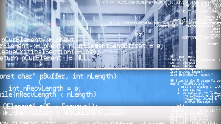 Animation of data processing and mosaic squares against computer server room
