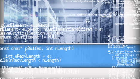 Animation-of-data-processing-and-mosaic-squares-against-computer-server-room