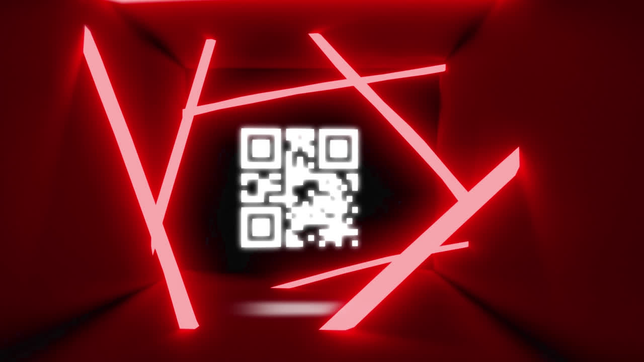 animación digital de un código qr brillante contra un túnel rojo de neón brillante sobre un fondo negro