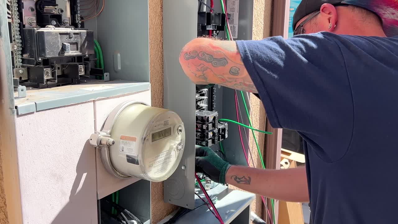Professional energy technician wiring solar consumer circuit to the power grid