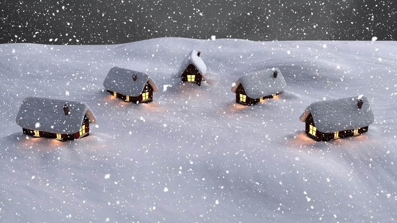 겨울 풍경에서 집 위에 내리는 눈의 애니메이션