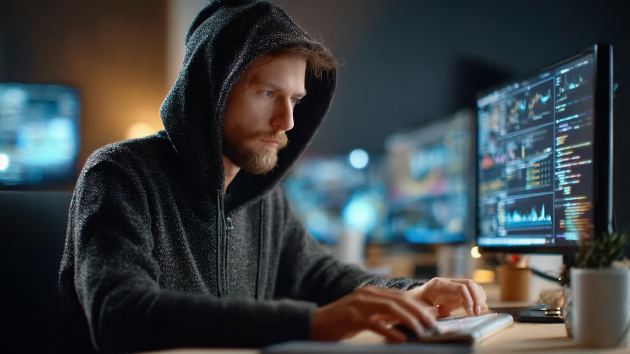 Intense Focus of a Programmer in a Dark Room, Analyzing Data on Multiple Screens While Wearing a Hoodie, Capturing the Essence of Modern Technology and Digital Skills