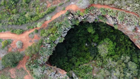 drone aéreo de arriba hacia abajo ojo de pájaro que se eleva toma amplia de la entrada de la cueva lapa doce con una selva tropical autónoma debajo en el parque nacional chapada diamantina en bahia, noreste de brasil