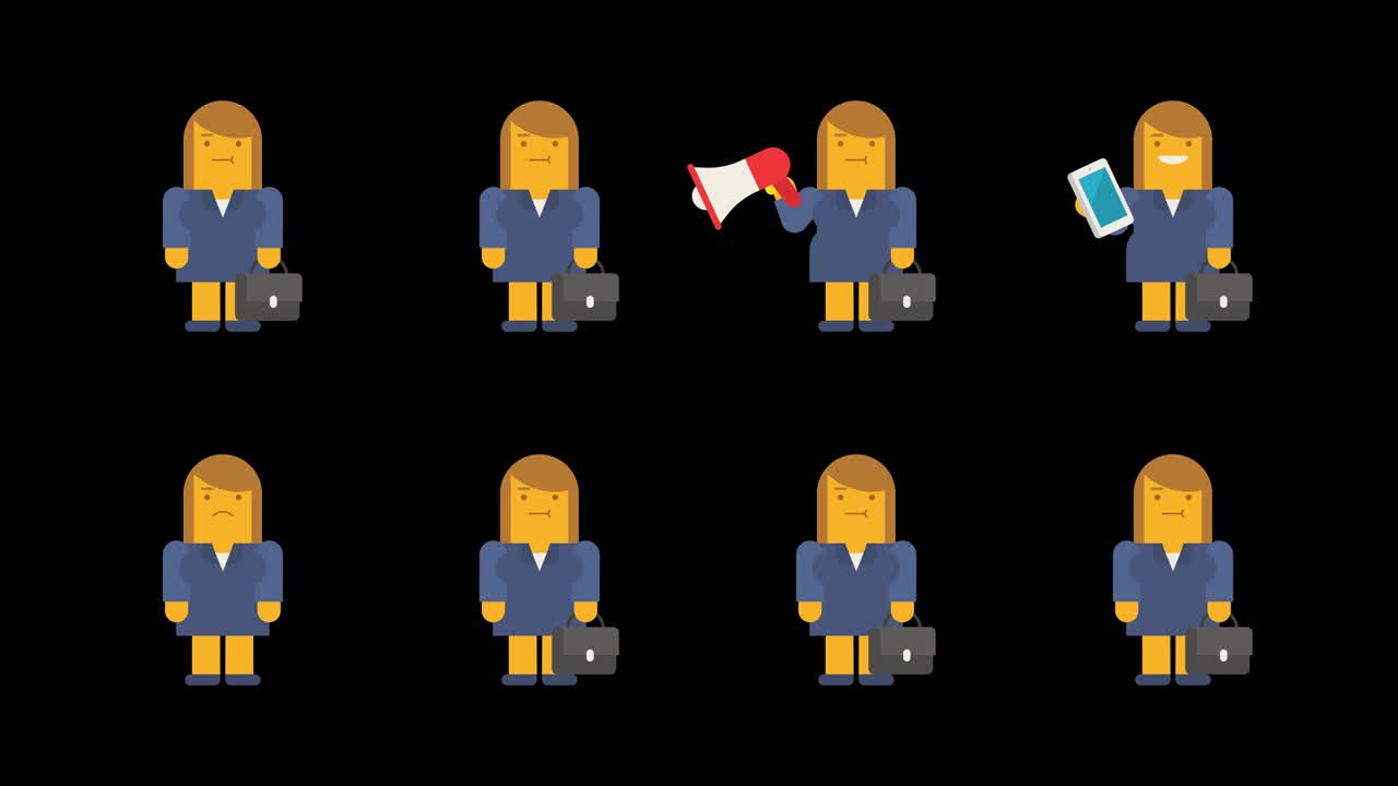 Business woman in various poses. Set animations part 1. Alpha channel