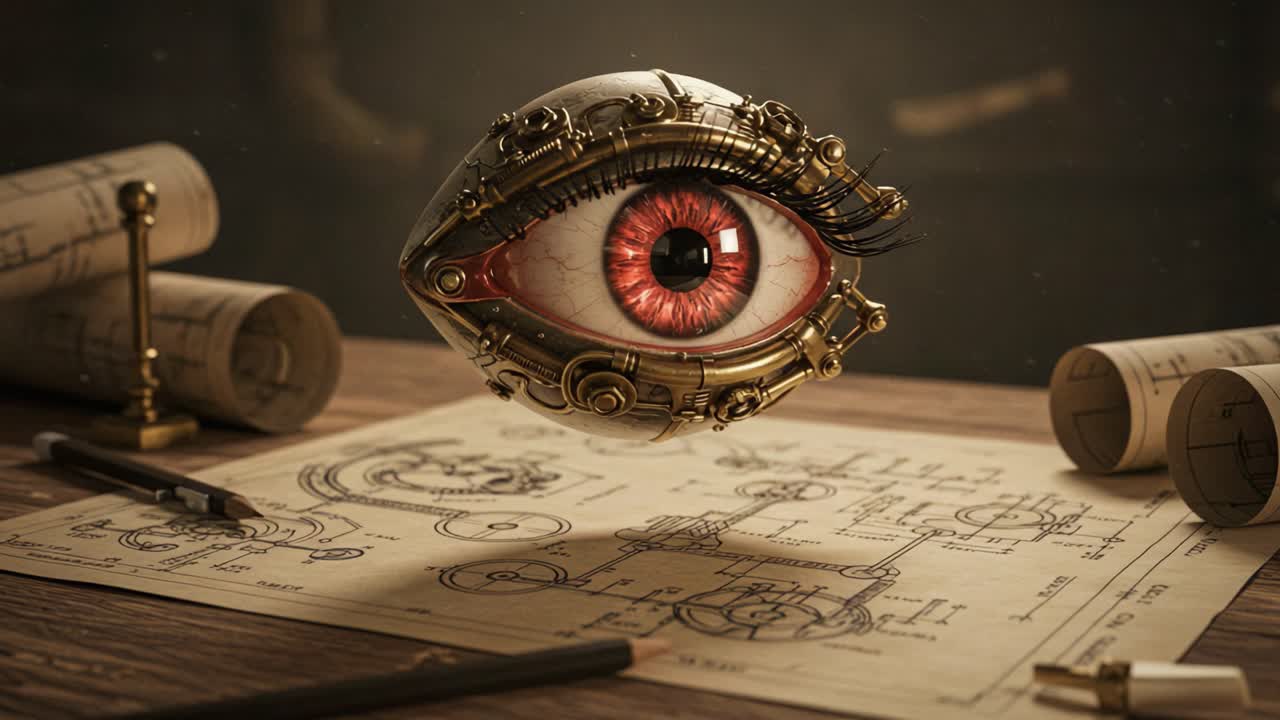 A captivating mechanical eye hovers above intricate blueprints, showcasing the fusion of technology and art as it reflects a world of imagination and creativity