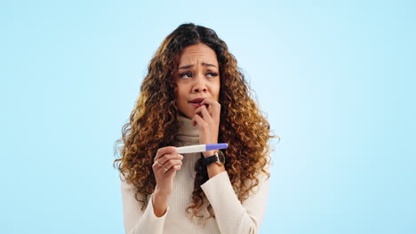 results, scared and woman with a pregnancy test