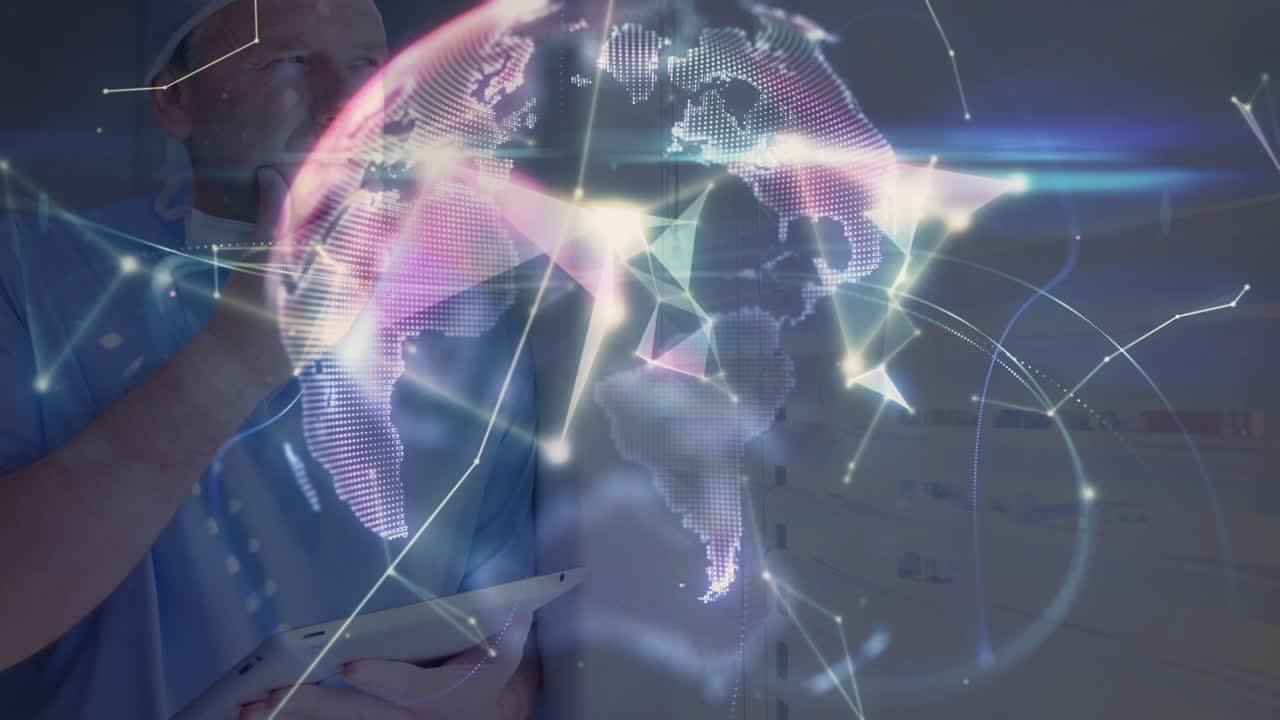 animación de la red de conexiones a través de un cirujano caucásico usando una tableta