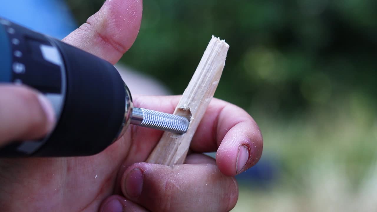 나무 가지에 전기 스크루드라이버 드릴링 구멍, 야외 개념 정찰, 클로즈업