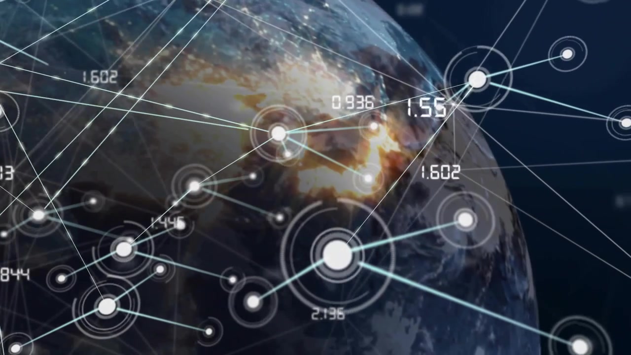 Bright node appearing starting Earth HUD nodes linking pulsing updating showing network