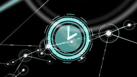 animación de reloj con agujas giratorias y red de conexiones en fondo negro