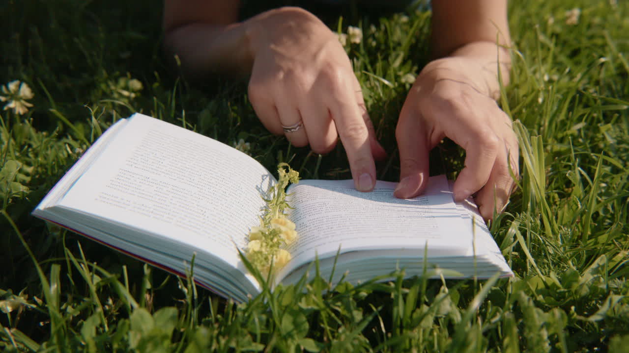 Woman Reading a Book in the Grass with Flowers