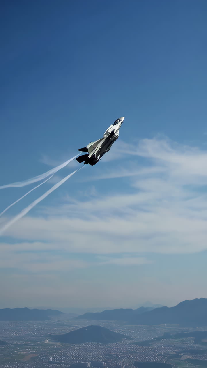 Fighter Jet in Flight Over City and Mountains