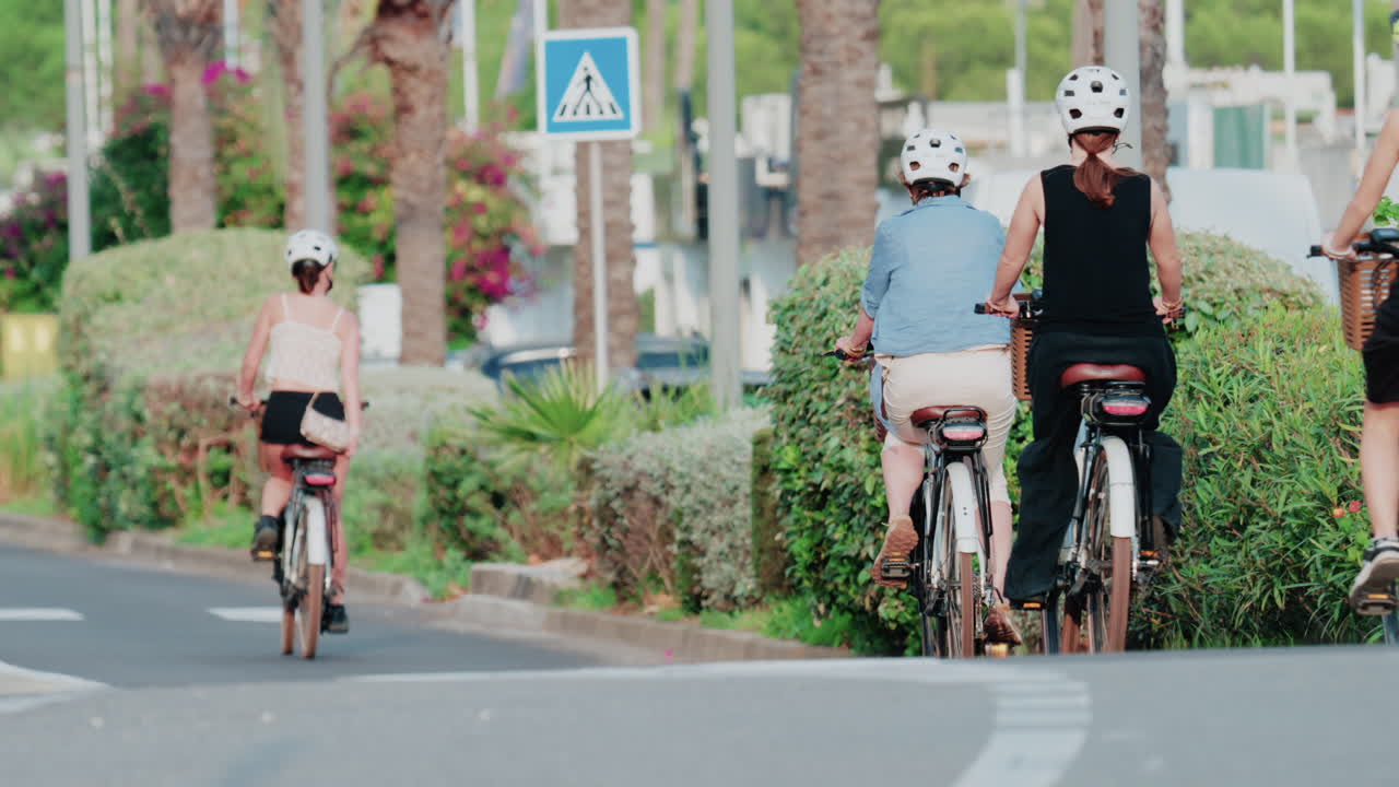 People cycling through a palm-lined street in Cannes, France