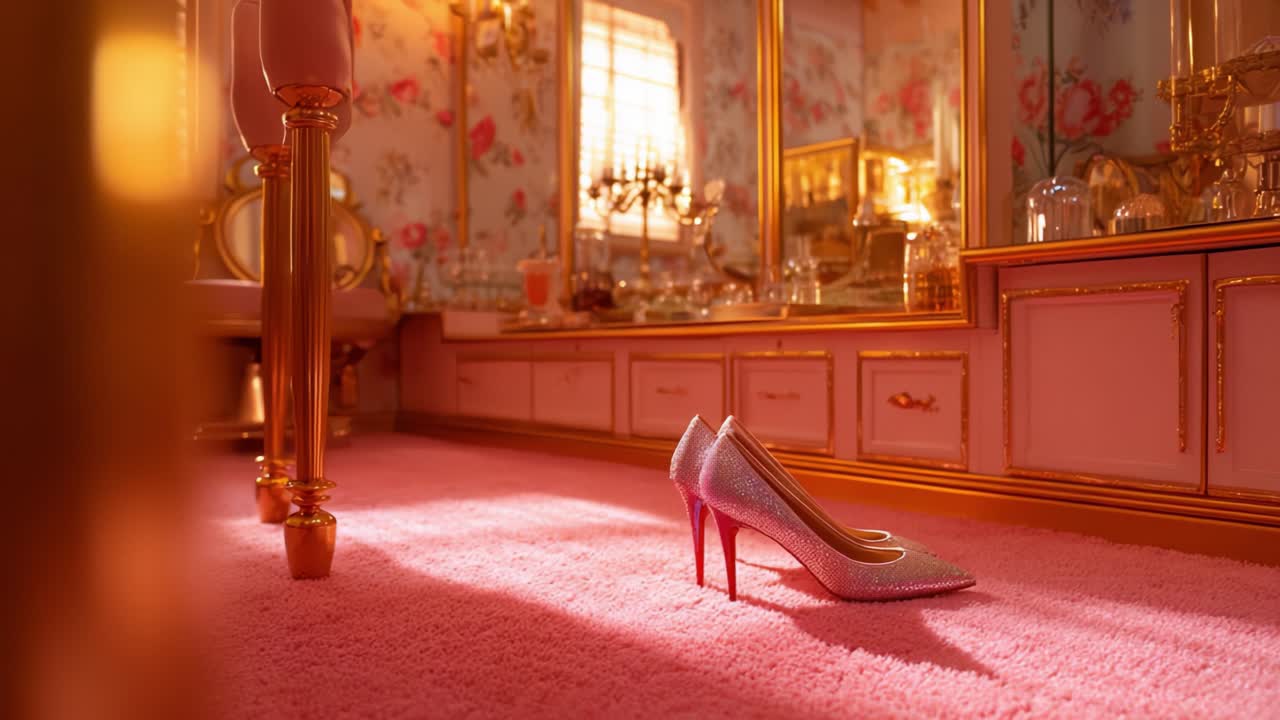 A stunning pair of shimmering high-heeled shoes rests elegantly on a plush pink carpet, embodying luxury and style amidst a beautifully adorned vintage room setting