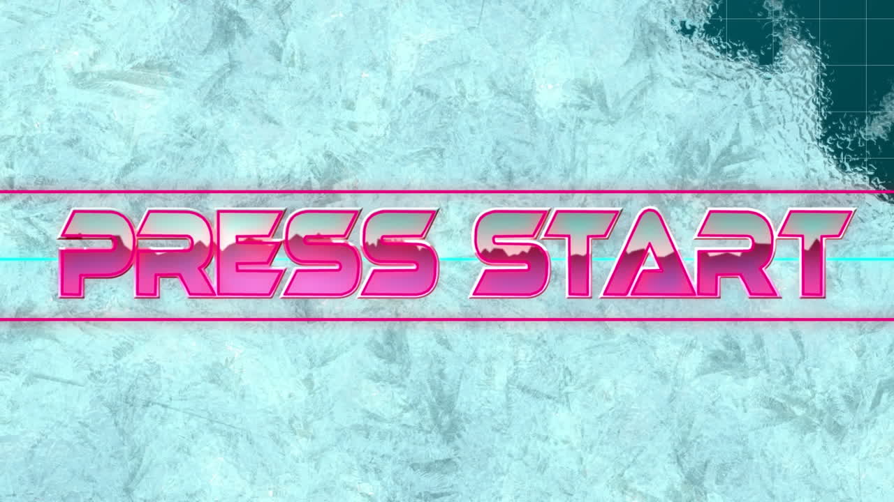 animación del efecto de congelación sobre el texto de inicio del banner de prensa contra la red de cuadrícula en fondo púrpura.